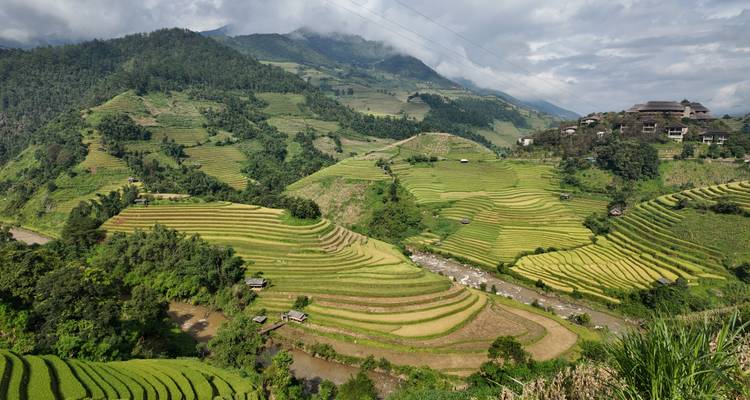 Vista panorámica de terrazas de arroz en una ladera en Mu Cang Chai, Vietnam.