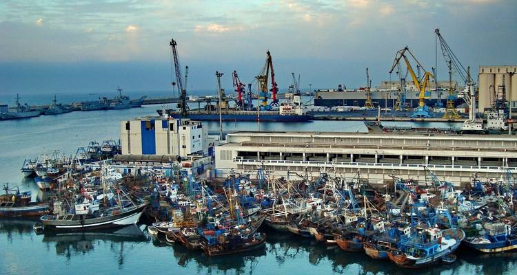 Port or harbor with multiple boats and cranes.