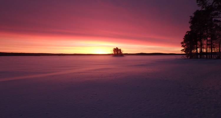 Leuchtend rosa Sonnenuntergang über einer verschneiten Landschaft.