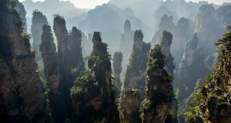 Torenhoge rotsformaties omgeven door mist.