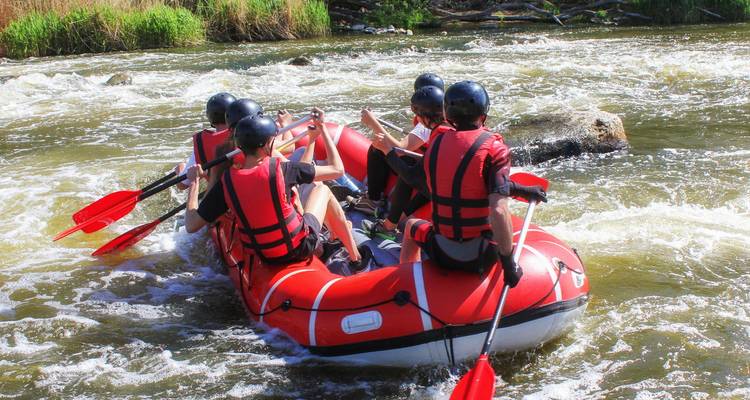 Groupe de canotiers pagayant un bateau pneumatique à travers des rapides d'eau vive entourés de forêt