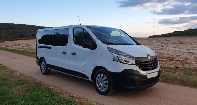Una furgoneta blanca estacionada en una carretera rural.