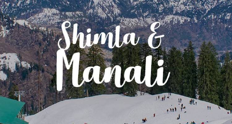 Besneeuwd berghellingen met grote gestileerde tekst met 'Shimla & Manali'