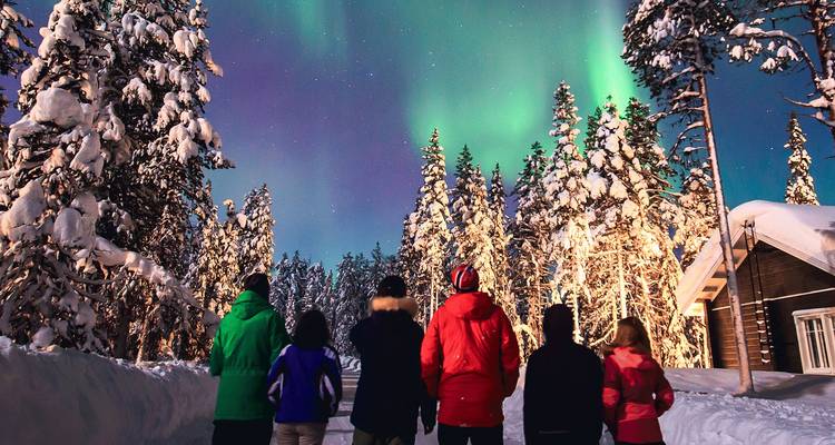 People watching the Northern Lights in a snowy forest.