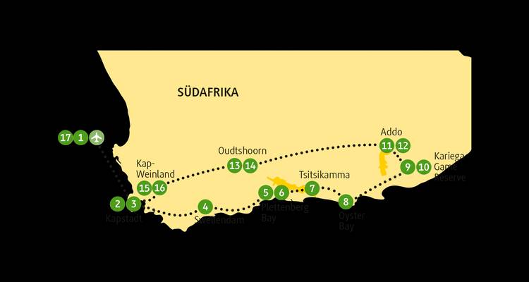 Vereinfachte Reisekarte des südlichen Südafrikas mit gepunkteter Reiseroute und nummerierten Haltestellen.