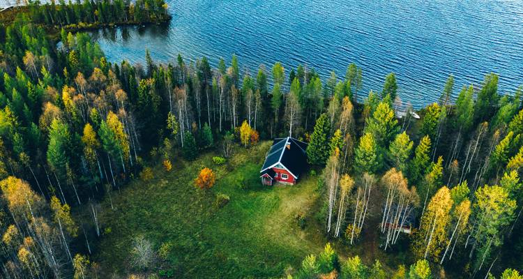 Luchtfoto van een rode hut omringd door bomen en water.