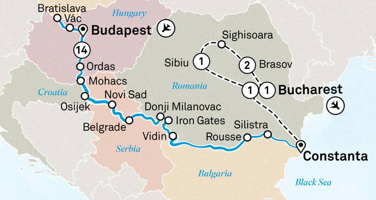 Mapa que muestra la ruta de viaje a través de Europa del Este.