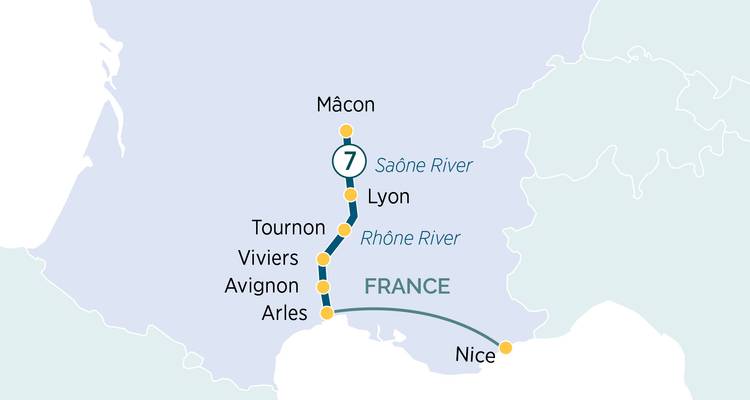 Duplizierte Reiseroute-Karte einer Flusskreuzfahrt auf der Saône und der Rhône von Mâcon nach Nizza.
