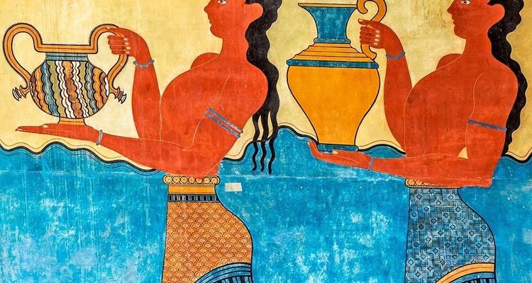 Antikes Fresko mit Figuren und Töpferwaren, farbenprächtig.