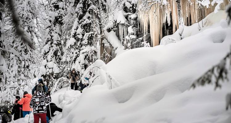 Un groupe de personnes explorant une falaise enneigée avec des stalactites de glace.
