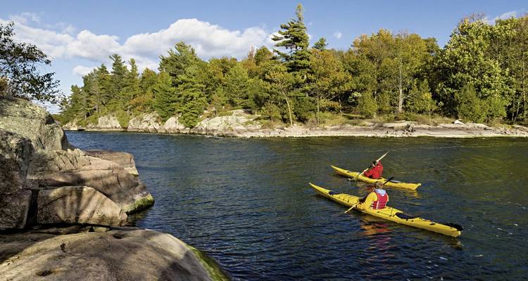 Deux personnes faisant du kayak sur une rivière entourée de forêts d'automne.