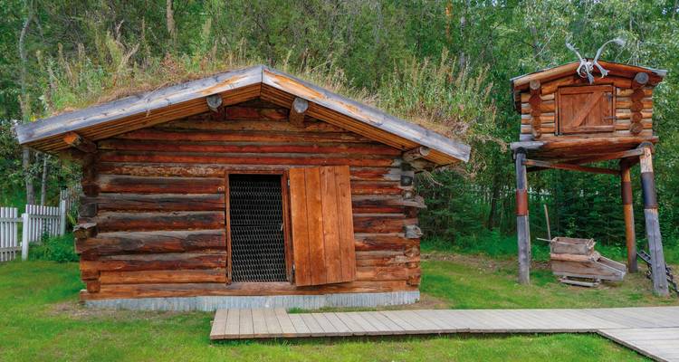 Rustieke blokhut met steenhoop en graszoden dak in een bos.