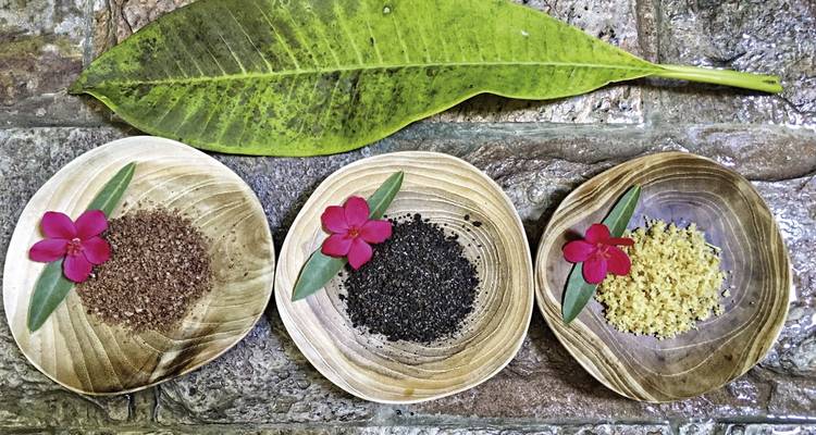 Drei Holzschalen mit Gewürzen and Blumen, auf einer Steinoberfläche platziert.