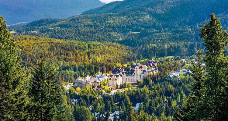 Een hotel omringd door een dicht bos met bergen op de achtergrond.