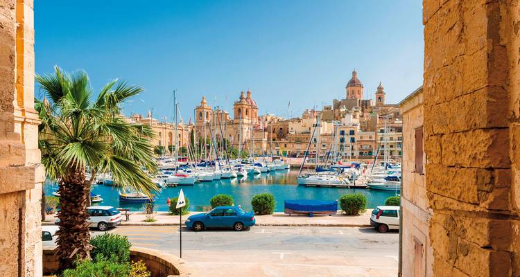 A scenic view of a marina with boats and historic buildings under a clear blue sky.