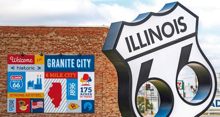 Illinois Route 66 Schild mit einem Wandgemälde im Hintergrund.