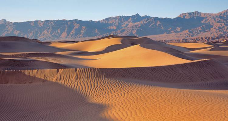 Des dunes de sable ondulantes avec des montagnes au loin.