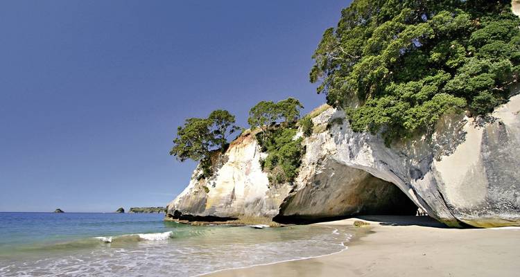 Playa cueva con aguas turquesas y árboles.