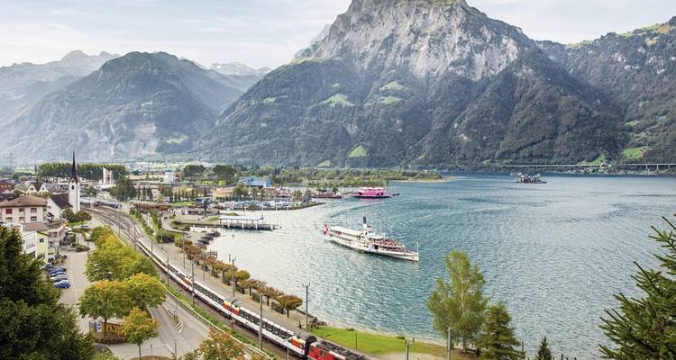 Train journeying beside a lake with picturesque mountain scenery.