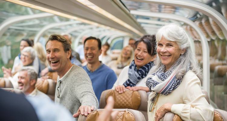 Passagiers die genieten van een levendige sfeer in een trein.