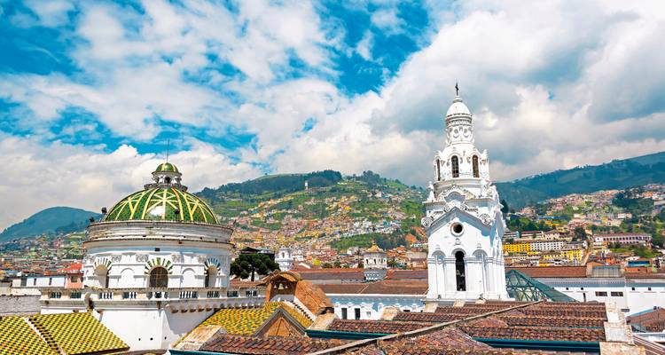 Blick auf eine historische Stadt mit verzierten Gebäuden und einer bergigen Kulisse.