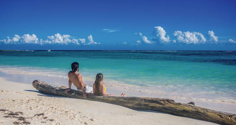 Een stel dat op een boomstam zit op een tropisch strand, met het gezicht naar de oceaan.