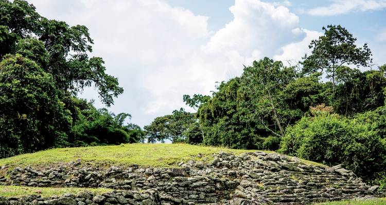 Grassy archaeological site with partial ruins.