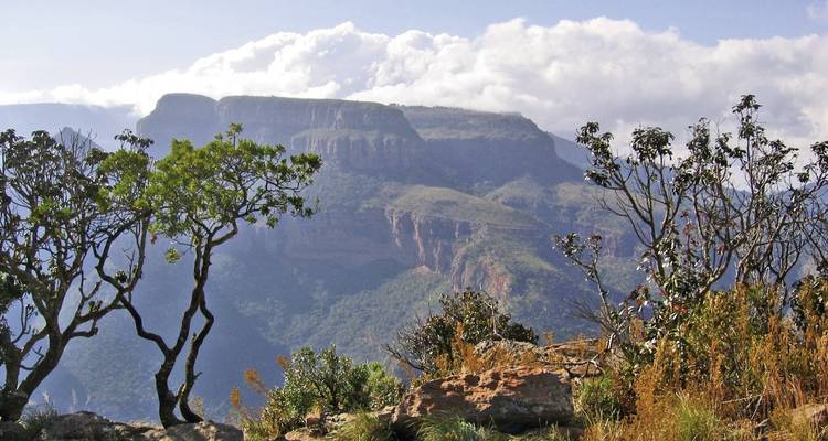 Bergachtig landschap met vegetatie op de voorgrond and wolken erboven.