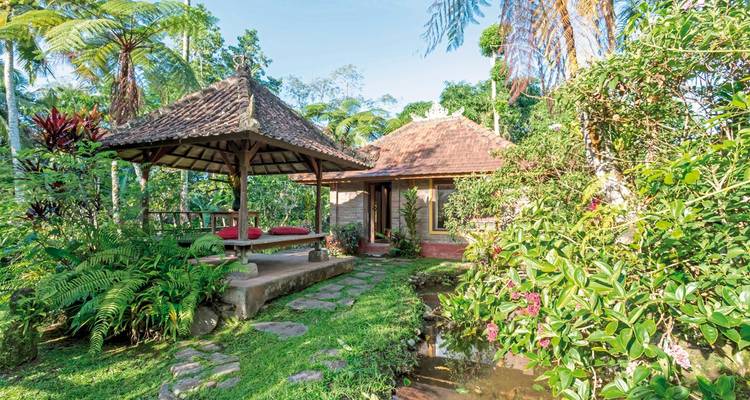 Ruhiger Garten mit Pavillon und üppigem Grün