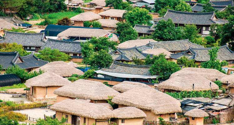 Traditionelles koreanisches Dorf mit strohdachgedeckten und ziegelgedeckten Häusern, umgeben von grünen Bäumen.