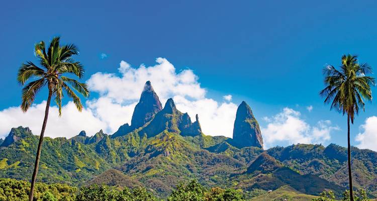 Torenhoge bergen met palmbomen onder een heldere blauwe hemel.
