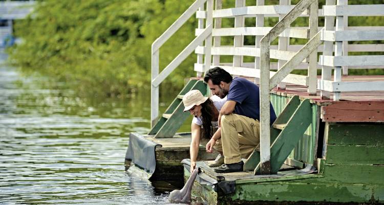 A couple engaged in wildlife observation near a body of water in lush greenery.