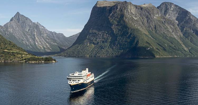 Cruiseschip in een uitgestrekte fjord met torenhoge bergen.