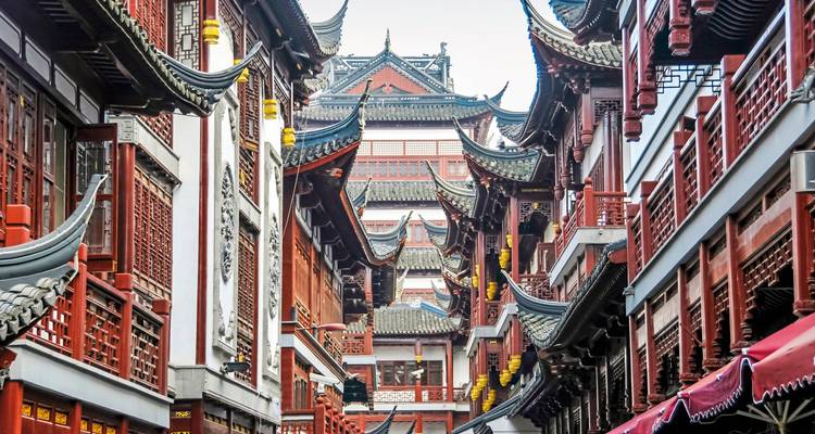 Traditional architectural neighborhood with red buildings.