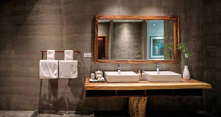 Modern bathroom with double sinks and rustic decor