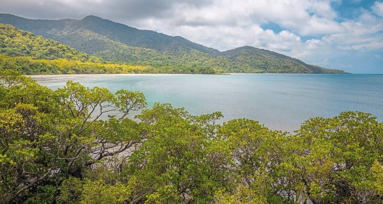 Scenic view of a lush green coastline with mountains in the background.