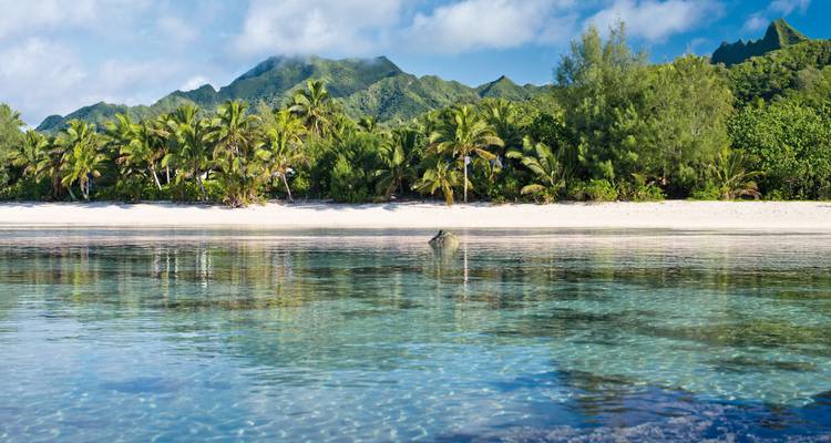 Playa idílica con aguas cristalinas y montañas al fondo.