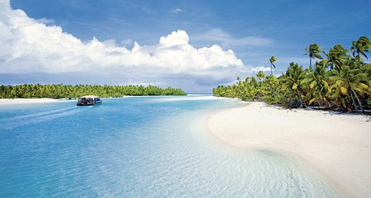 Vías fluviales turquesas rodeadas por un denso bosque de palmeras y cielos azules despejados.
