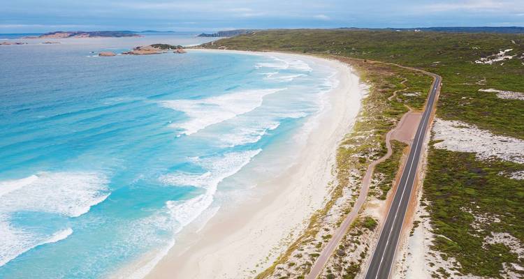 Drone view of coastline with waves