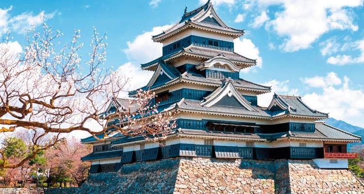 Das elegante Matsumoto Castle erhebt sich über blühenden Kirschblüten unter einem strahlend blauen Himmel.