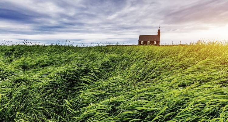 Eine kleine Kirche in der Ferne mit einem Feld aus hohem Gras unter einem bewölkten Himmel.