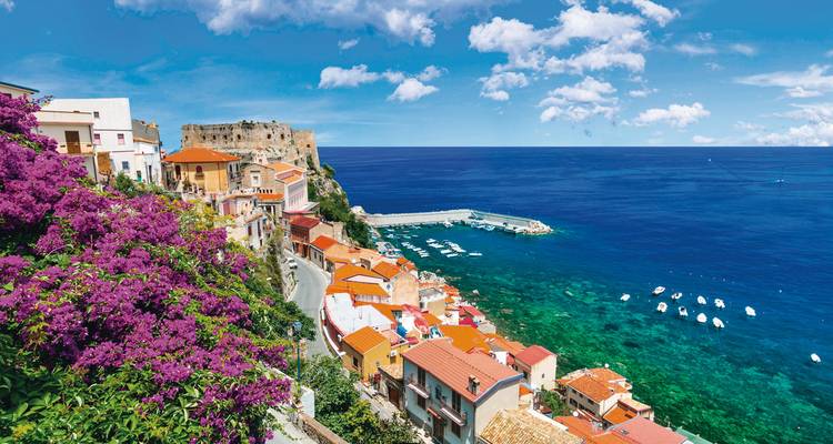 Paisaje costero con flores vibrantes, edificios coloridos y agua turquesa.