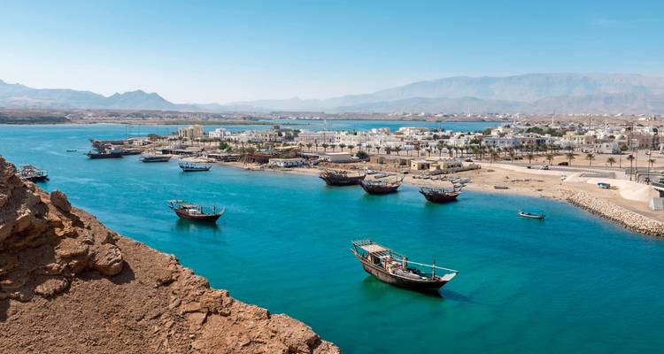 Traditional fishing boats anchored in a bay with distant mountains.