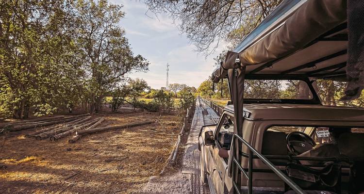 Véhicule de safari garé sur un chemin de terre, entouré d'arbres.