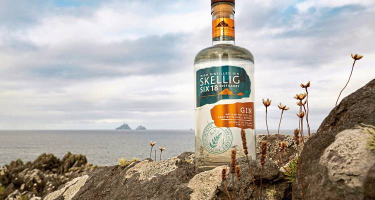 Gin-Flasche auf einer felsigen Küstenlandschaft.