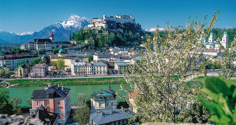 A panoramic city view with a fortress and mountains in the background.