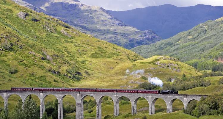 Historisches Viadukt mit einer Dampflokomotive, die durch eine üppige Hügellandschaft fährt.
