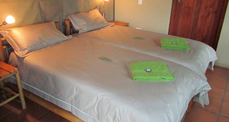 Simple twin bed setup inside a cabin.