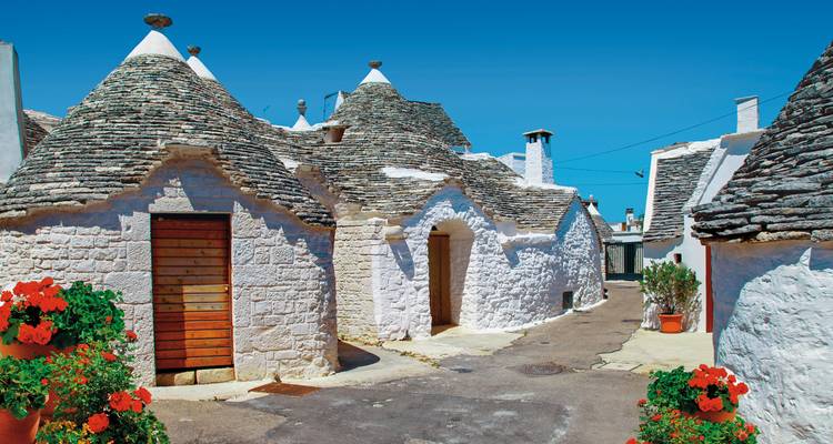 Maisons trulli traditionnelles dans un cadre de village pittoresque.