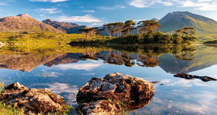 Serene lake reflecting rugged Irish highlands crowned with scattered pines and blue sky.
